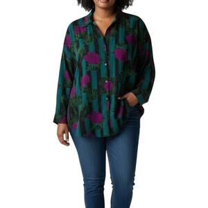 Silkorms Vintage Abstract Floral Button Front Batwing Blouse Oversized XL